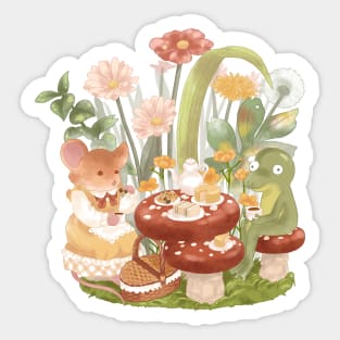 Cottagecore Mouse and Frog Having a Tea Party Sticker